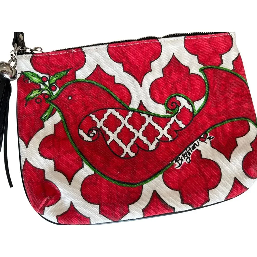 BRIGHTON Love Dove Crossbody Bag Canvas Bird Holiday Purse Red White Tassel